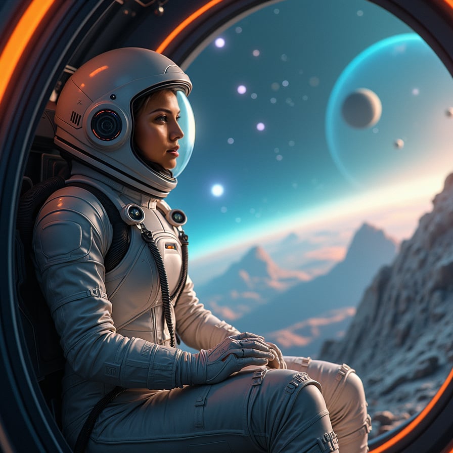 A futuristic scene with a woman standing on a rocky alien planet, gazing up at a sky filled with colorful nebulas and distant stars. She is wearing a sleek, high-tech space suit with glowing accents. Planets and asteroid belts are visible in the sky. The scene is filled with soft, otherworldly lighting and the vibrant hues of interstellar space