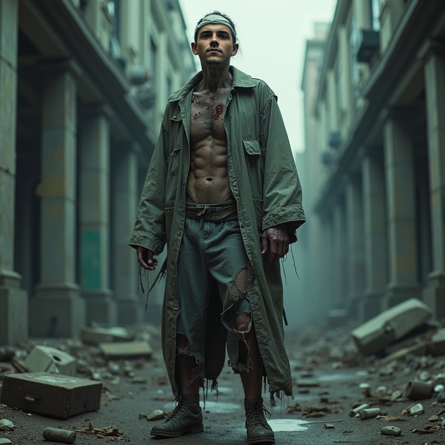 man in ripped and tattered clothing, eyes bloodshot and skin decaying, with eerie greenish-gray skin tone, posed in a dark and abandoned urban setting, surrounded by broken objects and debris, with a hint of mist and fog in the background
