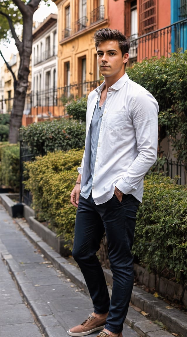 Trendy city dweller, sleek outfit, modern skyscrapers in the background.