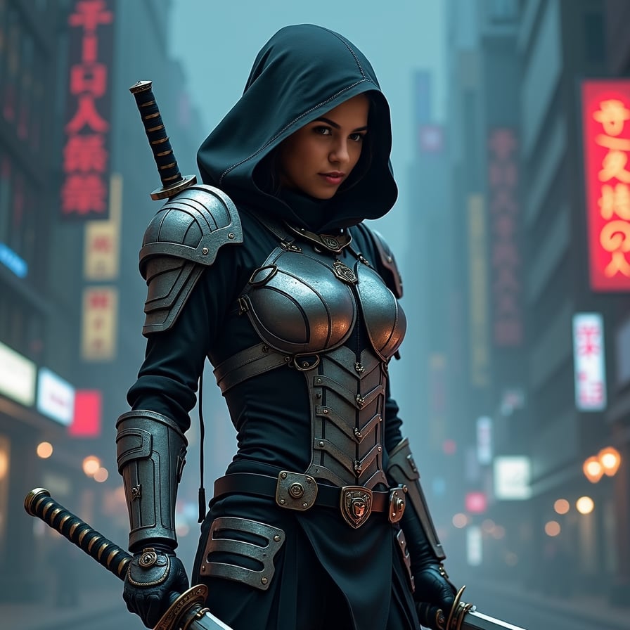 woman in unique ninja style, wearing a futuristic  silver armor, adorned with intricate, Japanese-inspired designs, holding a pair of razor-sharp katanas, standing in a misty, neon-lit cityscape at night