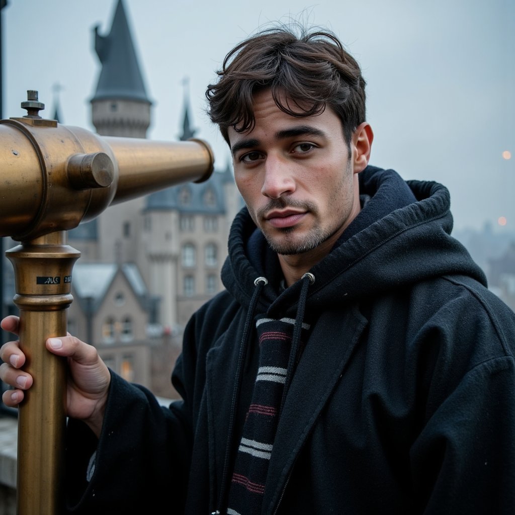 Hyper-realistic HDR wide shot of a 17-year-old male Hogwarts student with pale skin, faint stubble on jaw, and focused deep-brown eyes. Short messy dark-brown hair ruffled by the winter breeze. Wearing a thick black wool robe with large hood edged in frost crystals, fastened at chest with a pewter clasp, heavy folds falling to the ground. Pose: standing next to a tall brass telescope with visible patina, hands adjusting focus knobs, body slightly leaned forward into viewfinder. Camera: Sony A1, 24mm f/2.8 wide lens, aperture f/2.8, camera positioned at shoulder height to capture subject and surrounding architecture. Lighting: cool moonlight (5600K) spilling over subject from the left, soft warm glow (3000K) from a lantern positioned at ground level on the right; faint rim light on hood from behind. Background: open starfield above with faint aurora streaks, stone parapet of Astronomy Tower leading to minimal blur.