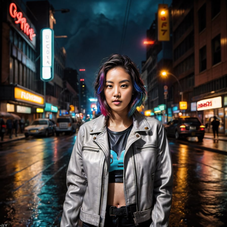 Cyber-enhanced woman, cyberpunk cityscape, neon lights, intense, cinematic.