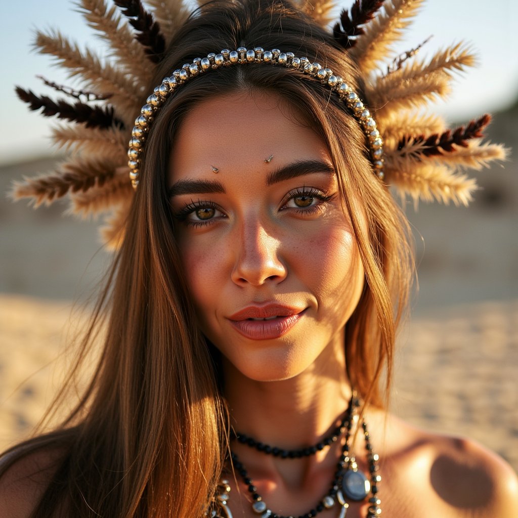 woman in a visually powerful, artistic look reflecting the energy of Burning Man. The atmosphere captures the desert’s dreamlike quality with soft haze, glows, and filtered sunrays. Elements like layered textures, metallic accents, or desert-style accessories enrich the aesthetic. Her presence feels otherworldly and self-expressive. Studio-style lighting blends dramatic highlights with warm ambient tones. Hyper-detailed, sharp focus, glowing depth, mystical energy.