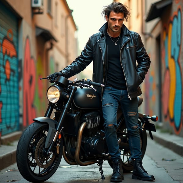 man wearing a sleek black leather jacket, paired with denim jeans and sturdy boots, posing confidently with a sports bike on the streets, under the warm glow of city lights, with a blurred background of urban landscape.