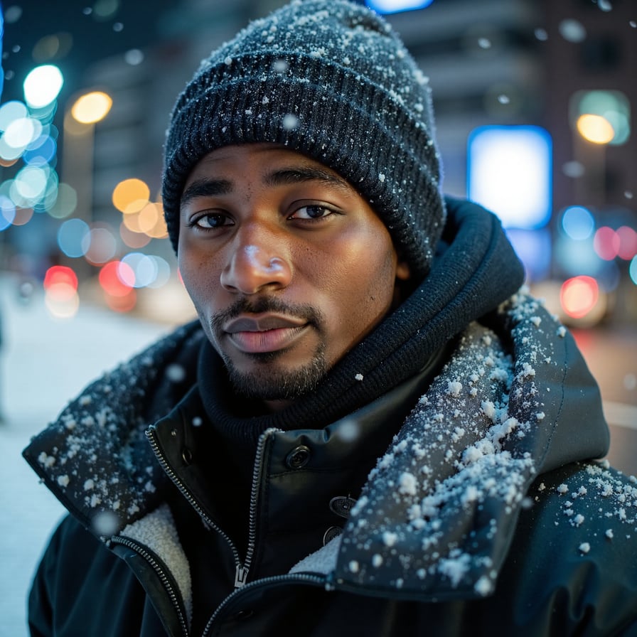 man waist-up in a snowy city street at night, cinematic blue hour mood, soft blurred city lights in the background, gentle snowfall, clear facial focus, cool winter lighting, highly detailed, highly realistic, HDR