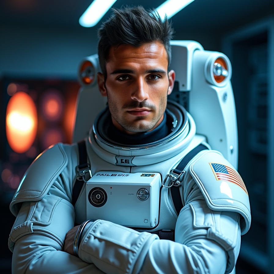 Futuristic spacesuit, cosmic lights, wormhole, otherworldly ambiance.