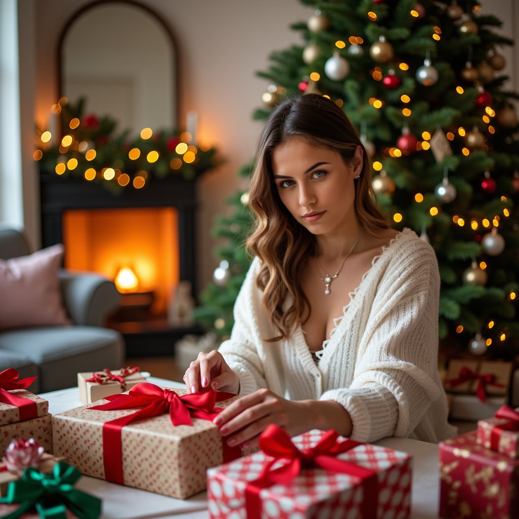 woman carefully wrapping gifts with vibrant, colorful festive papers and perfectly tied ribbons, surrounded by decorated boxes and gift tags, in a cozy and intimate living room setting with soft warm lighting and a Christmas tree in the background.