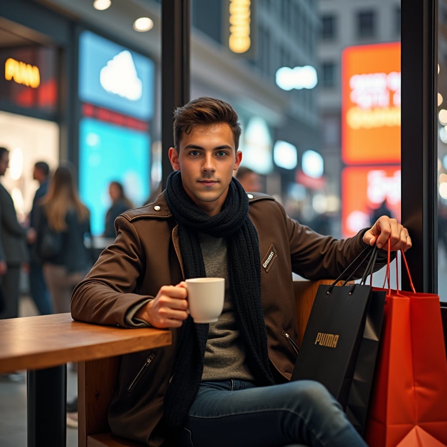 A stylish man sitting at a modern café inside a shopping mall, sipping coffee with his family or a chic girlfriend. Shopping bags from brands like Puma and Adidas are placed nearby. Through the glass walls of the café, vibrant promotional banners for Black Friday sales (Puma: 30% OFF, Adidas: 40% Discount) are visible, and people can be seen bustling around the mall.