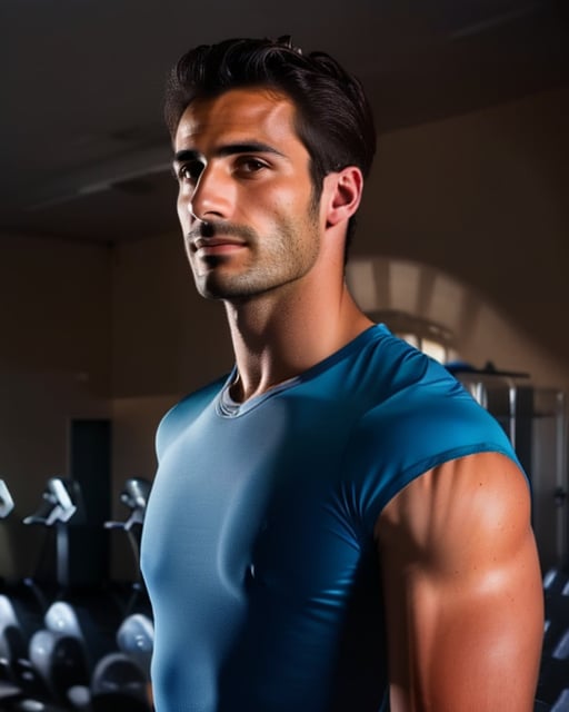 Muscular man, gym setting, confident pose, athletic, natural lighting.