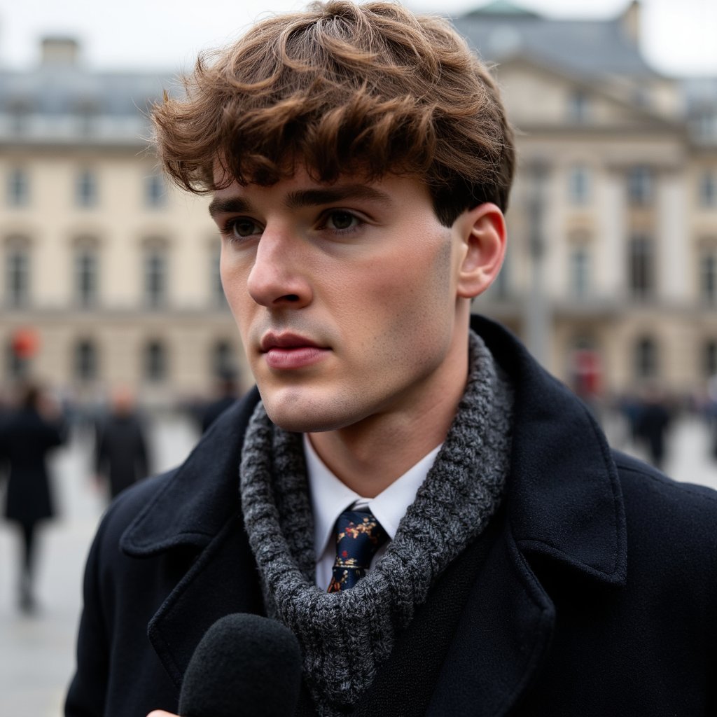 Highly realistic, highly detailed HDR image of a man journalist in a dark wool overcoat over a navy suit, gray scarf draped loosely; short neatly styled hair. Camera: 35mm lens, f/2.8, ISO 200, half-body, shot at slight upward angle outdoors. Lighting: bright overcast sky as giant softbox, natural catchlight in eyes, soft jawline shadow. Pose: holding handheld microphone toward unseen subject, expression focused and inquisitive. Background: blurred urban plaza with faint silhouettes of passersby, minimal clutter