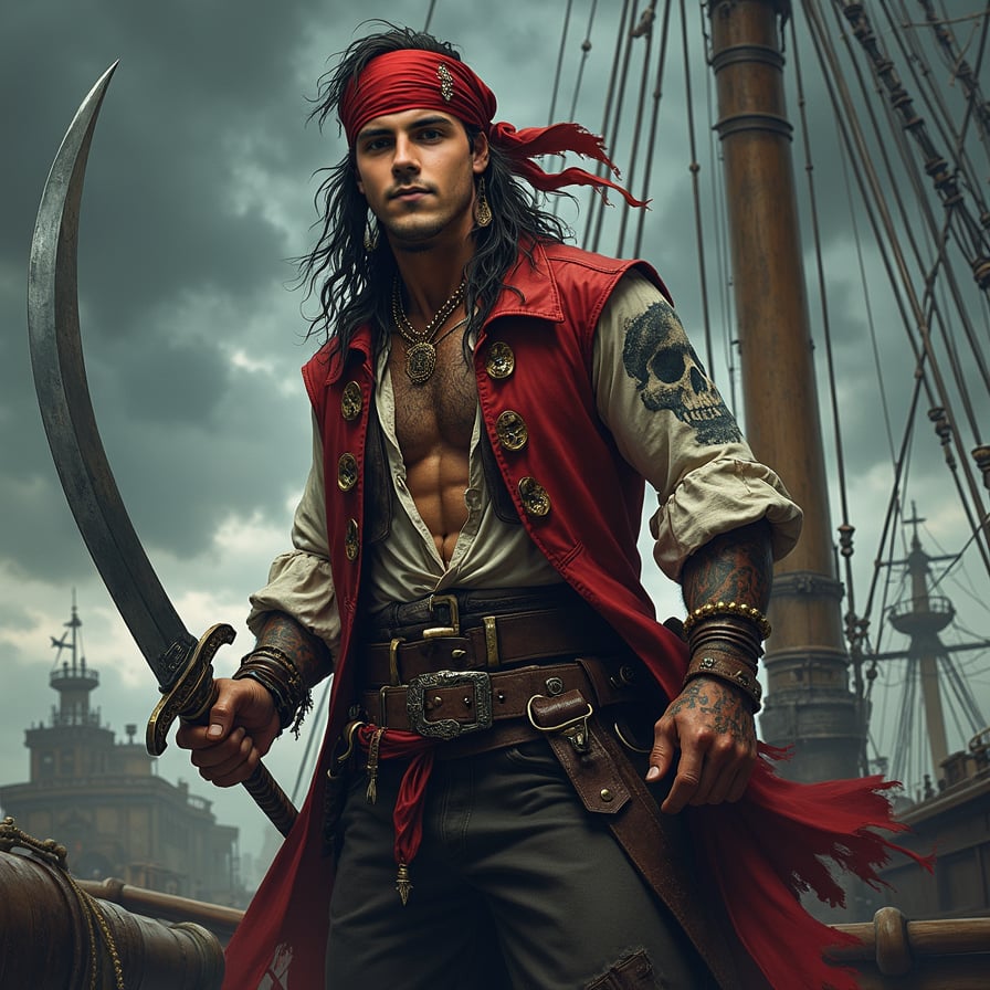 man in rugged pirate attire, wielding a sword with intensity, standing on the deck of a pirate ship amidst a chaotic battle scene, with cannons and rigging in the background, under a dark and stormy sky