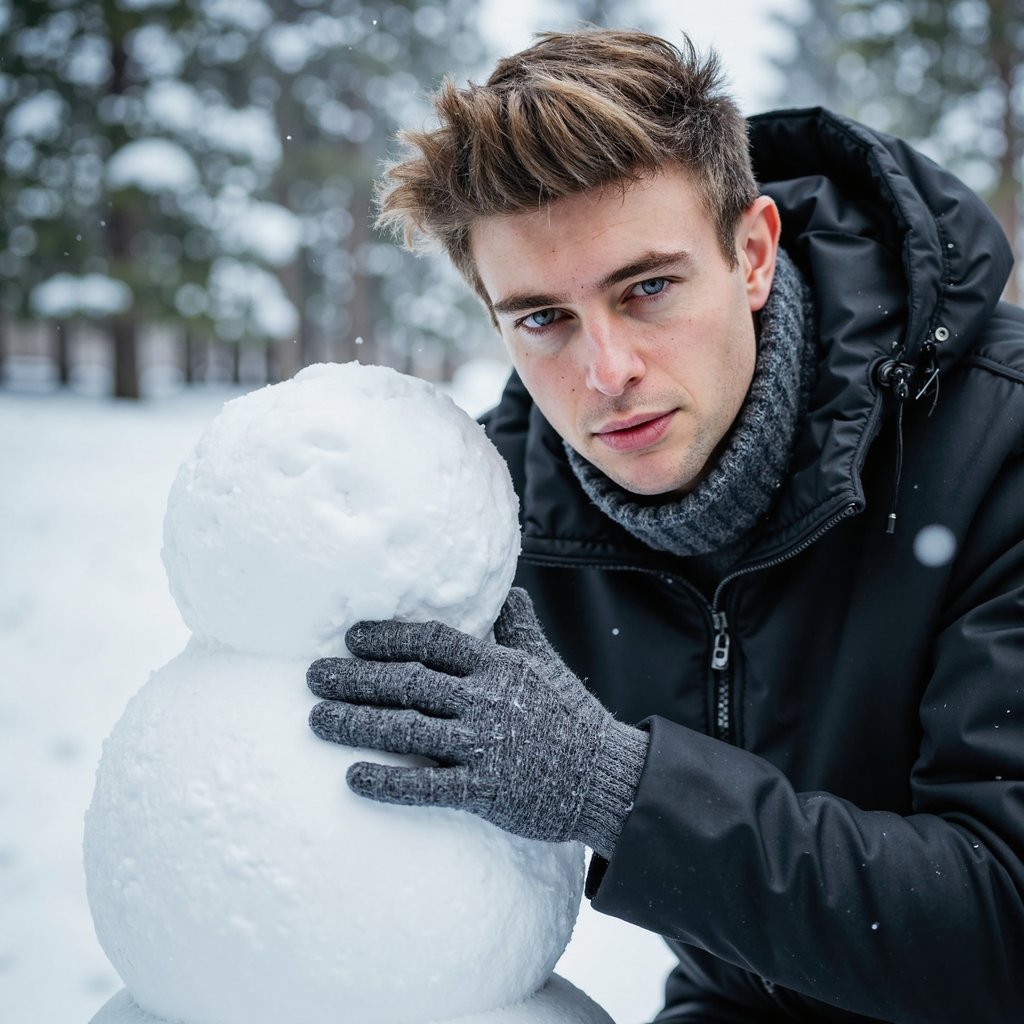 A highly realistic, highly detailed, HDR waist-up winter portrait of a man kneeling beside a snowman. He wears a matte black padded parka, gray thermal gloves, and a charcoal wool scarf. His short hair shows fine, ultra-detailed frost resting on top. Camera angle: slight downward tilt, sharp facial focus. Lighting: natural bright winter daylight. Background is a clean, softly blurred snowy forest with falling snow, minimal clutter. Hyper-detailed coat fabric, crisp shadows on fresh snow, photorealistic winter textures.