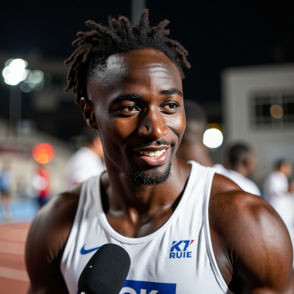 Headshot of a smiling athlete being interviewed trackside, race bib still pinned