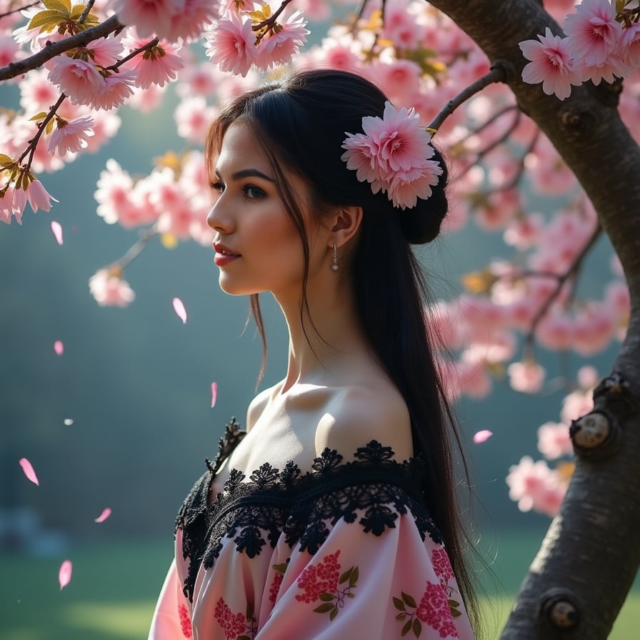 A mysterious woman in a black lace dress stands beneath a dark, ancient cherry blossom tree, her pale skin glowing under the soft pink petals. The moonlight casts long shadows, giving the scene an enchanting and eerie beauty.