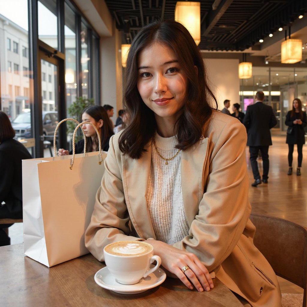 A woman (female) seated at a café table, two elegant shopping bags beside her with gold rope handles. Hairstyle: mid-length loose waves, soft gloss; makeup: natural warm tones, luminous finish. Attire: camel trench coat partially open over a white ribbed knit sweater; dainty gold chain necklace. Pose: forearms on table, leaning slightly forward, gentle smile toward camera, relaxed composure. Camera: 50mm lens, f/1.8, waist-up framing with slight overhead tilt. Lighting: window daylight key from left, warm café fill, subtle reflections on tabletop. Background: blurred bokeh of interior lights and patrons, muted warm tones, minimal clutter. Detail: visible fabric grain, latte foam texture, gold handle reflections. Highly detailed, highly realistic, HDR, high resolution.