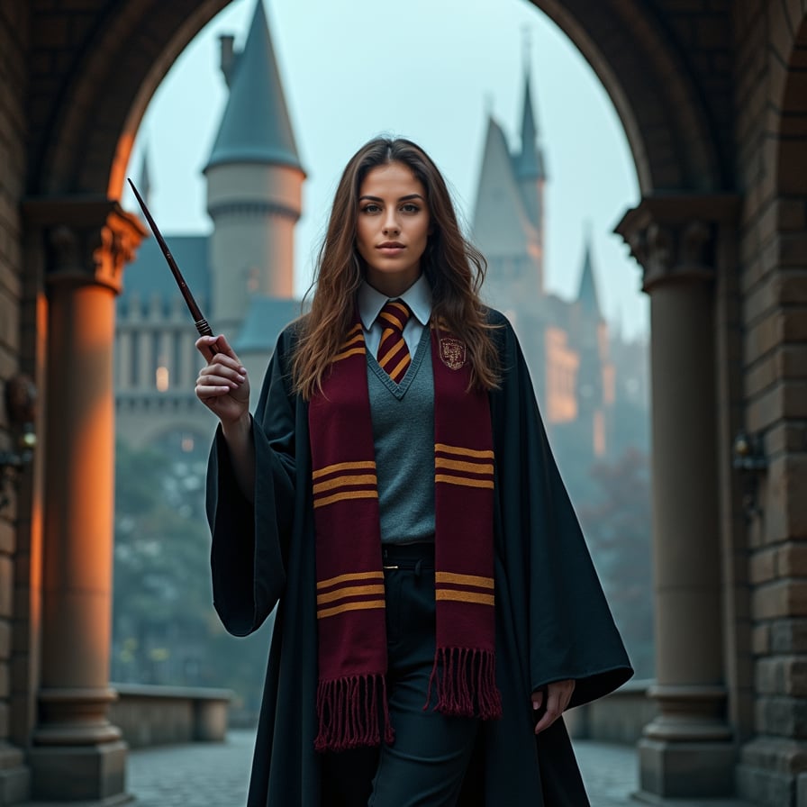 Woman in Hogwarts attire, magical castle, atmospheric fog, soft lighting.