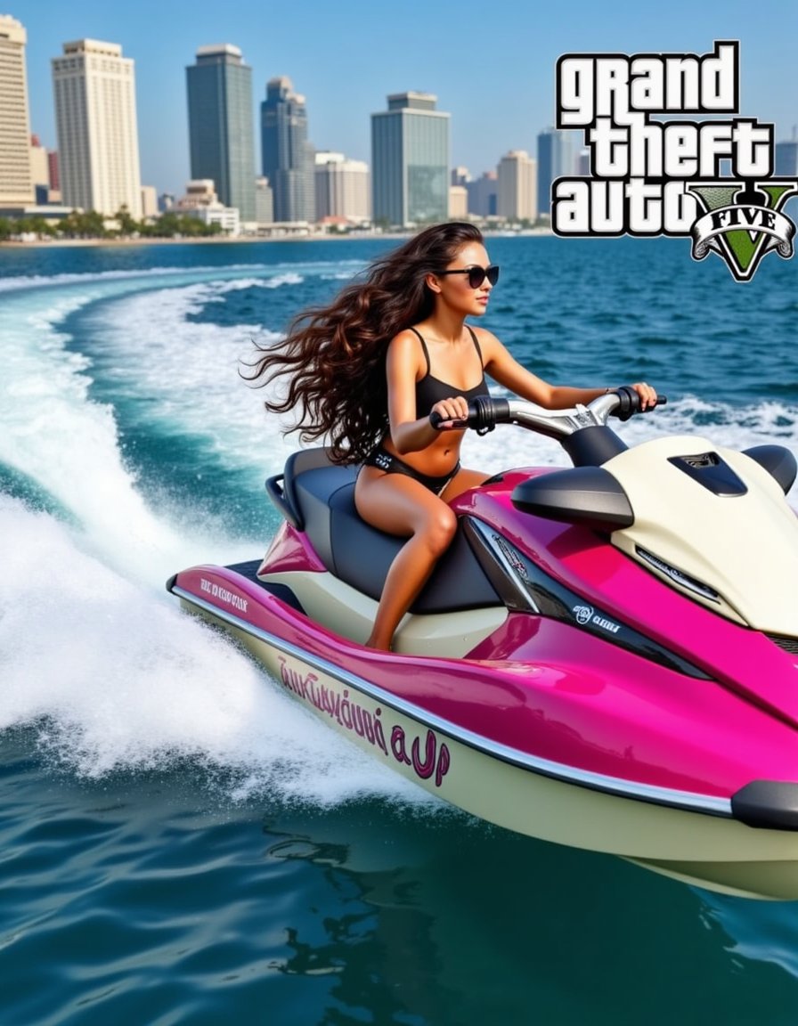 Create a GTA 6 female avatar on a motorcycle, wearing a futuristic helmet, pastel jacket, and fingerless gloves, speeding down a flooded Miami street at dusk