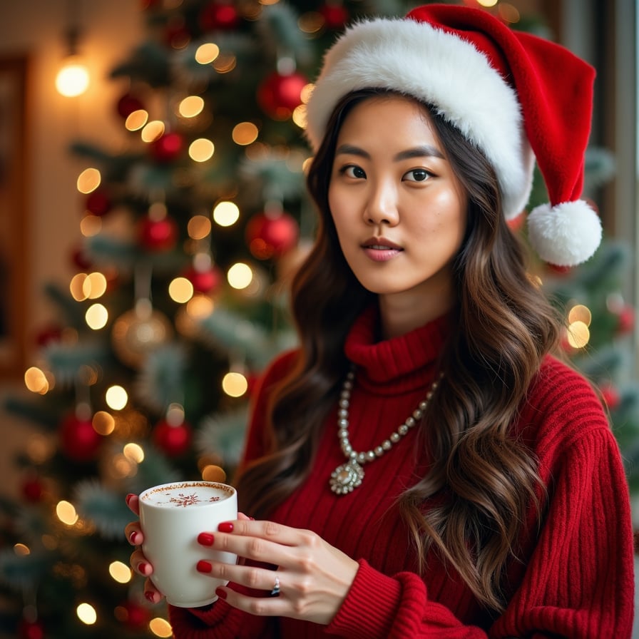 woman in festive holiday attire, adorned with sparkling jewelry and a warm smile, surrounded by twinkling Christmas lights and decorations, holding a cup of hot cocoa or a decorative ornament, against a cozy winter wonderland backdrop