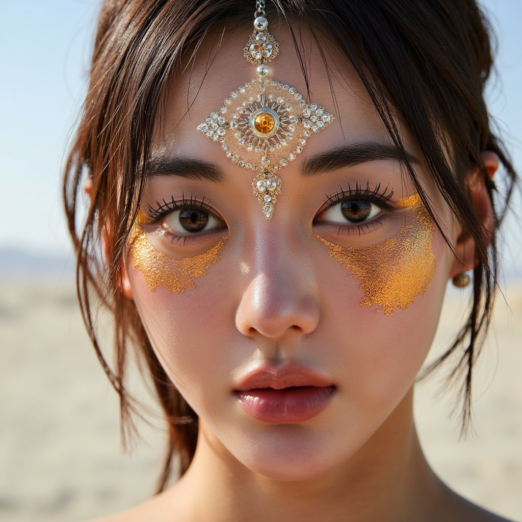 Close-up of a reflective, dust-covered face with crystalline forehead ornament, golden light across cheekbones, captured in the stillness of Burning Man 2025