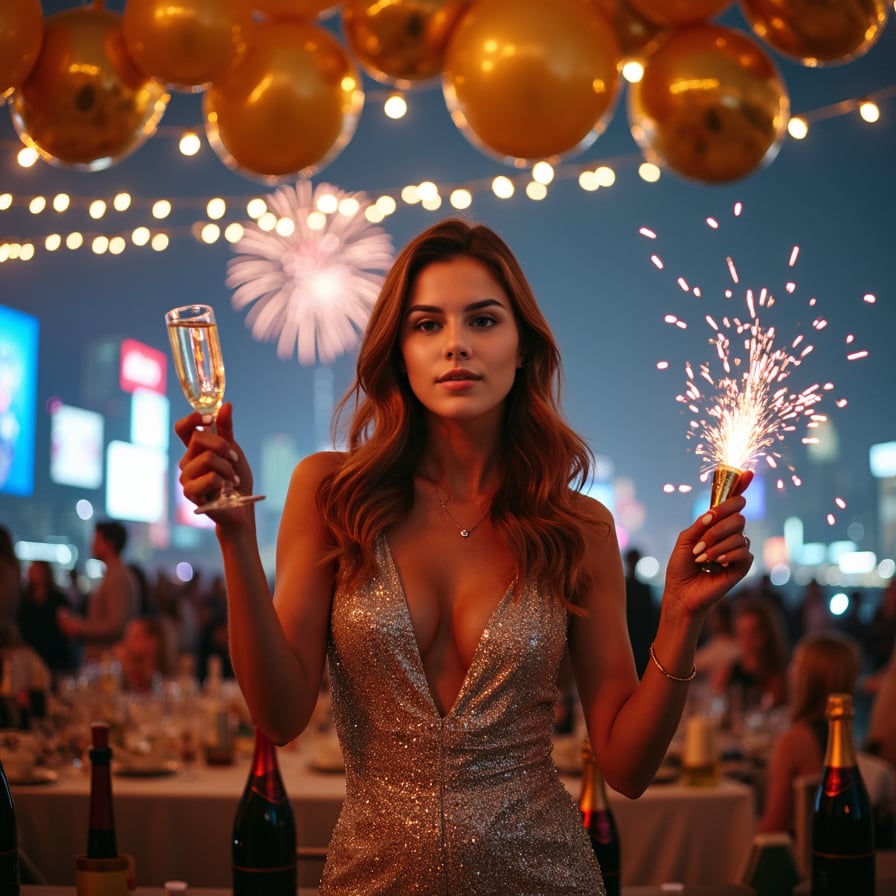 A cheerful woman wearing a dazzling silver sequined dress, holding a champagne glass in one hand and a party popper in the other, surrounded by golden balloons and twinkling fairy lights at a vibrant New Year’s Eve party.