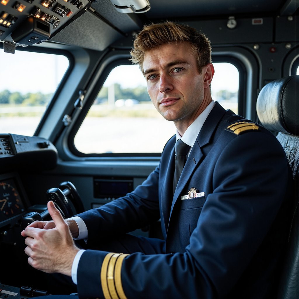 Highly detailed, highly realistic HDR image of a man airline pilot seated confidently in cockpit; navy uniform jacket with gold-trimmed epaulettes, crisp white shirt, black tie, captain’s hat resting beside. Camera: 24mm lens, f/4, ISO 640, wide shot capturing both pilot and partial dashboard, slight diagonal composition. Lighting: daylight streaming through cockpit window as natural key, panel lights adding faint cool glow; believable shadow across uniform. Pose: hands on yoke, eyes looking forward with composed focus. Background: blurred runway visible through windshield, minimal clutter.