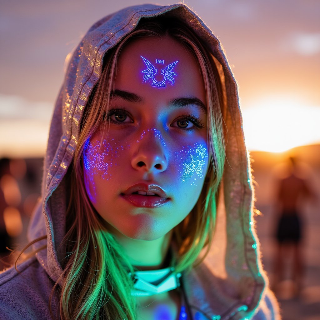 Headshot of a serene woman bathed in neon light, wearing a metallic hood and tribal markings, desert night ambiance, captured at Burning Man 2025