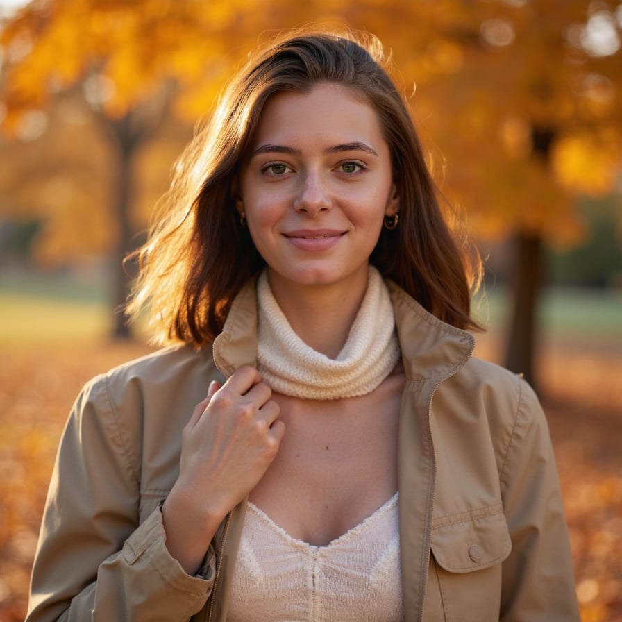 Highly detailed, highly realistic, hyperrealistic HDR close-up portrait of a woman (female, ~27 yrs) standing outdoors during late afternoon golden hour. Camera head-and-shoulders, focus tight on face, background blurred into soft amber foliage. She wears a light tan trench coat with collar folded open and a cream knit scarf wrapped loosely around her neck. Her hair is chestnut brown, soft waves catching the sun. The light creates warm rim highlights and soft bokeh flares around her silhouette. Skin texture visible with faint freckles and rosy undertones. Expression calm, gentle smile. Background purely color field of gold and rust tones — no clutter. HDR, high resolution, high quality, highly detailed, photorealistic.