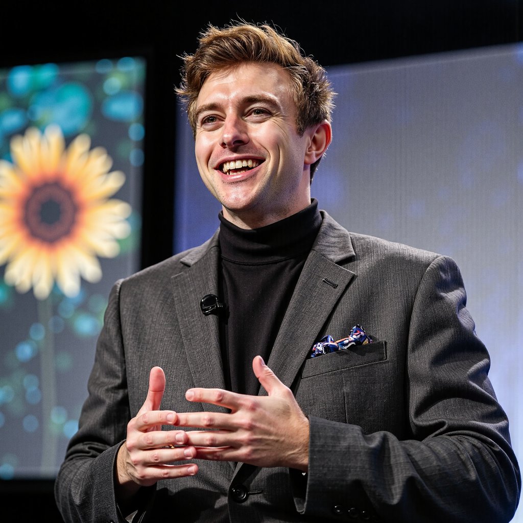 Highly realistic, highly detailed HDR image of a man keynote speaker on stage; charcoal blazer over a fine black turtleneck, small clip-on lav mic. Camera: 135mm lens, f/2.0, ISO 800, chest-up angle from audience perspective. Lighting: overhead spot as strong key, cool backlight rim highlighting shoulders, faint fill from stage floor bounce; believable shadows across backdrop. Pose: mid-gesture with open hands, animated expression as if addressing audience. Background: blurred LED screen with abstract graphics, minimal clutter.