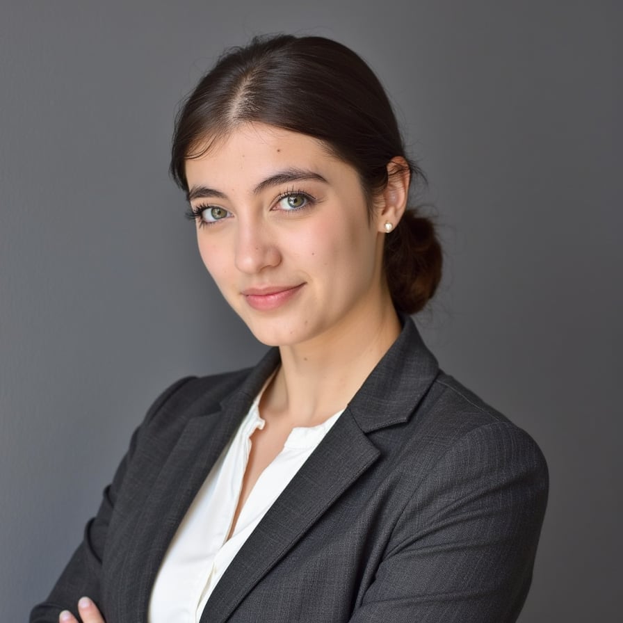 Highly detailed, highly realistic, HDR-balanced portrait of a woman executive with a sleek low bun and subtle side part; charcoal worsted-wool blazer over a white silk blouse with faint satin sheen; minimal pearl studs. Camera: 85mm, f/2.2, 1/160s, ISO 200, eye-level; focus on near eye, catchlight visible. Lighting: soft key from 45° camera left via 90cm octabox, gentle fill from right, hair light above; soft shadow falling to camera right. Pose: shoulders turned 30° from camera, chin slightly down, relaxed confident half-smile. Background: medium-gray seamless with subtle gradient, minimal clutter; shallow depth-of-field.