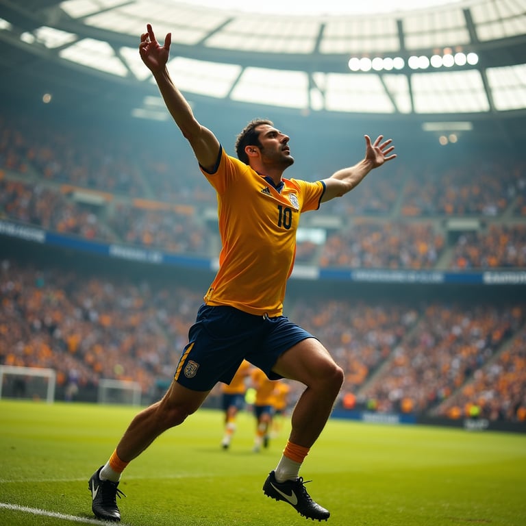 man in a dramatic athletic pose, arms raised in triumph, wearing a professional 