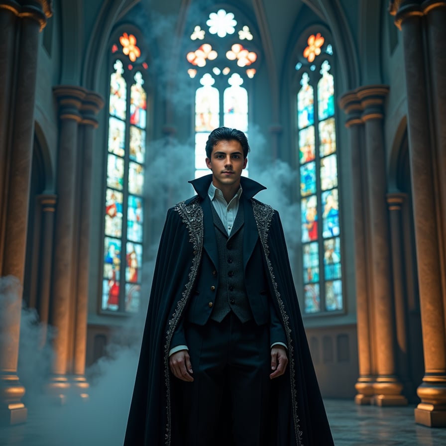 Show a vampire prince standing in a grand, gothic cathedral with tall stained-glass windows casting colored light on his pale face. He has an elegant, dark suit with silver embroidery, and his dark hair is styled in a timeless way. His gaze is intense and proud as he stands under the towering arches. The scene is majestic yet haunting, with an ethereal, almost holy light illuminating his face