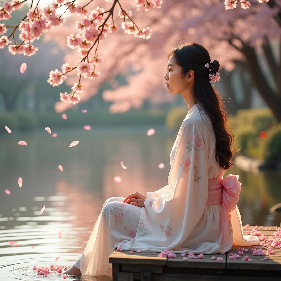 A young woman sits on a wooden dock, dipping her feet into a calm river as cherry blossom petals drift on the water’s surface. She wears a flowing white dress, her expression peaceful as she gazes at the sunset.