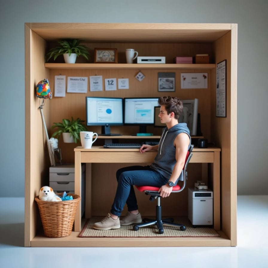 A hoodie-wearing figure at a mini standing desk with dual monitors, keyboard, coffee mug, and code notes stuck on the packaging wall.