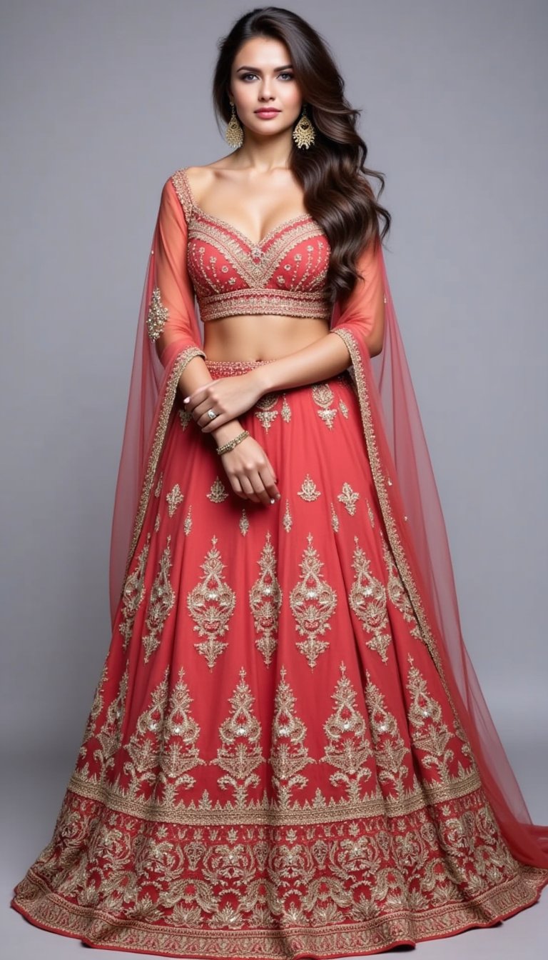 Using a catalog photo of a designer lehenga as a reference, generate a lifelike image of the user wearing the same outfit, preserving embroidery details, drape, and jewelry in a studio-style portrait.