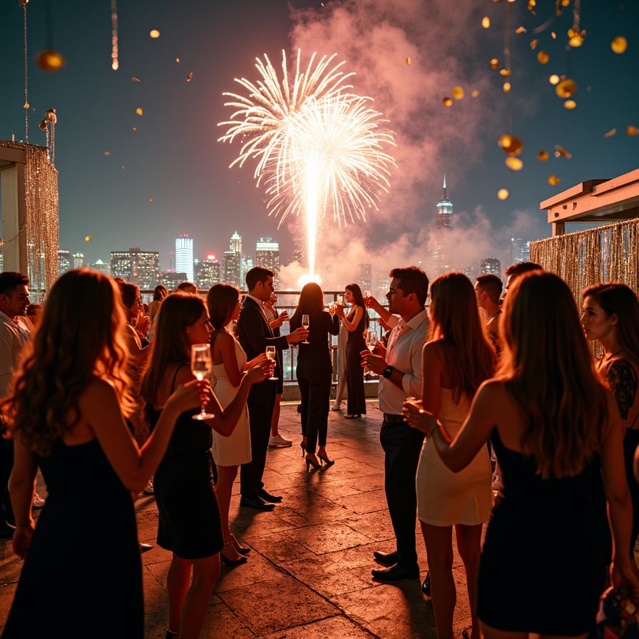 A glamorous rooftop party under a starlit sky with fireworks exploding in the background. Guests in stylish evening wear are toasting champagne, with a shimmering backdrop of gold confetti and sparkling silver streamers adding to the celebratory vibe.