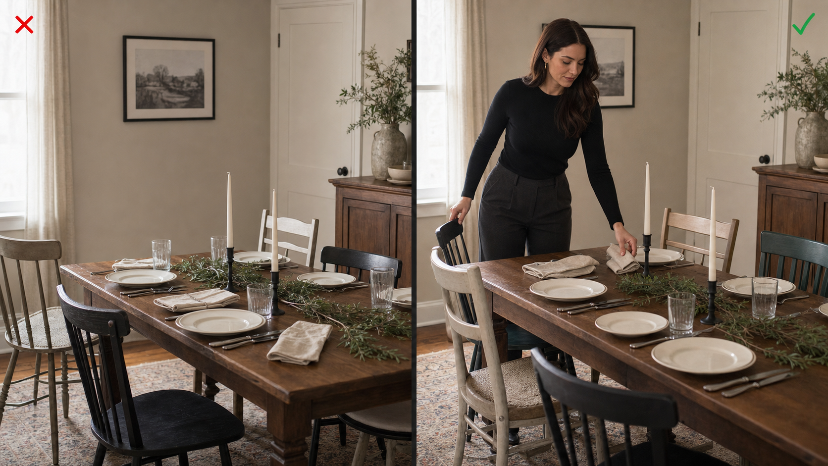 Comparison showing an empty Thanksgiving table and a candid table preparation moment