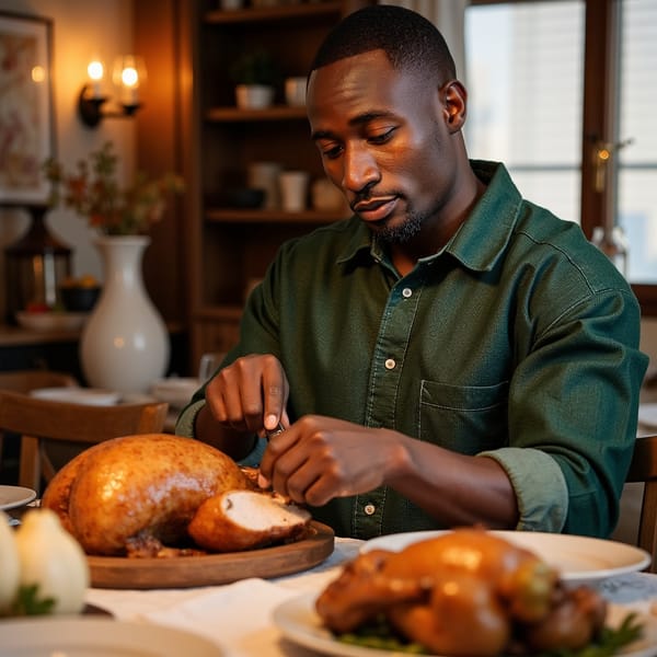 Highly realistic, highly detailed, hyperrealistic HDR waist-up image of a man (male, ~38 yrs) at a Thanksgiving dinner table, mid-action carving a roast turkey. He wears a forest-green flannel shirt with sleeves casually rolled up, soft golden light from a chandelier above illuminating his face. Camera angle ~15° above eye level, focus on expression and hands; background softly blurred — faint glow of candles, wood tones, and warm autumn décor. Fine details: glint of carving knife, sheen of roasted turkey, skin texture, fabric fibers. Mood calm, familial, cinematic. HDR, high resolution, high quality, highly detailed, photorealistic.