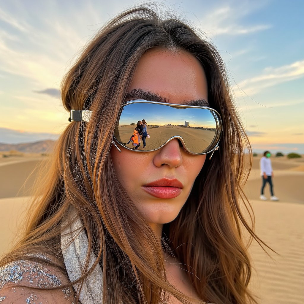 Portrait of a desert festival-goer at Burning Man 2025, reflective goggles, dust-covered scarf, windblown hair, golden hour desert lighting