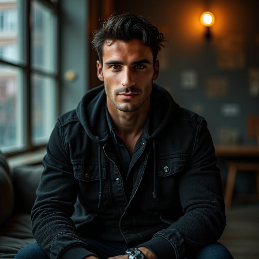 man with a strong artistic vibe. He is styled in dark, textured clothing, with dramatic lighting creating shadows and depth. The background is moody and urban, showcasing an air of mystery and creativity
