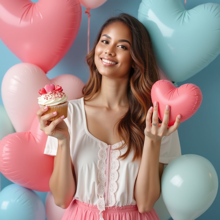 A model surrounded by pastel-colored heart-shaped balloons, wearing a pink and white dress with lace details, holding a cupcake with heart sprinkles.