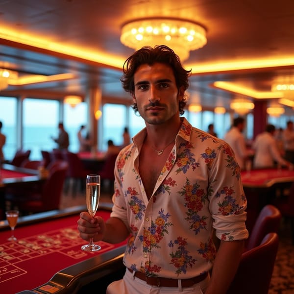 Casino Night: The model is in the ship’s casino, printed  dress in glamorous evening wear. he’s playing a game at the casino table or mingling with other guests, with the vibrant, sophisticated atmosphere of the casino adding to the scene.