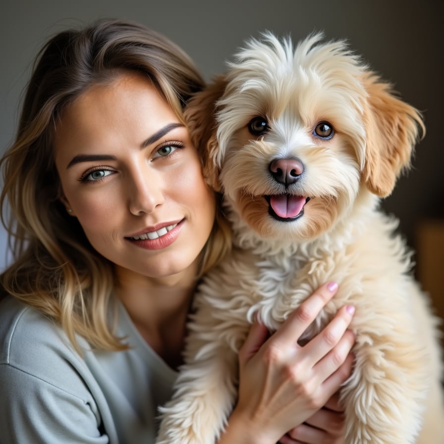 Woman with pet, affectionate bond, joyful companionship.