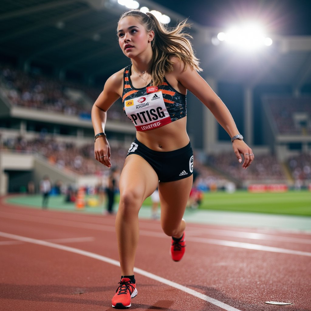 Headshot of a relay runner gripping a baton mid-hand-off, intense focus, motion blur behind, sharp side lighting — energy of World Athletics Championship captured