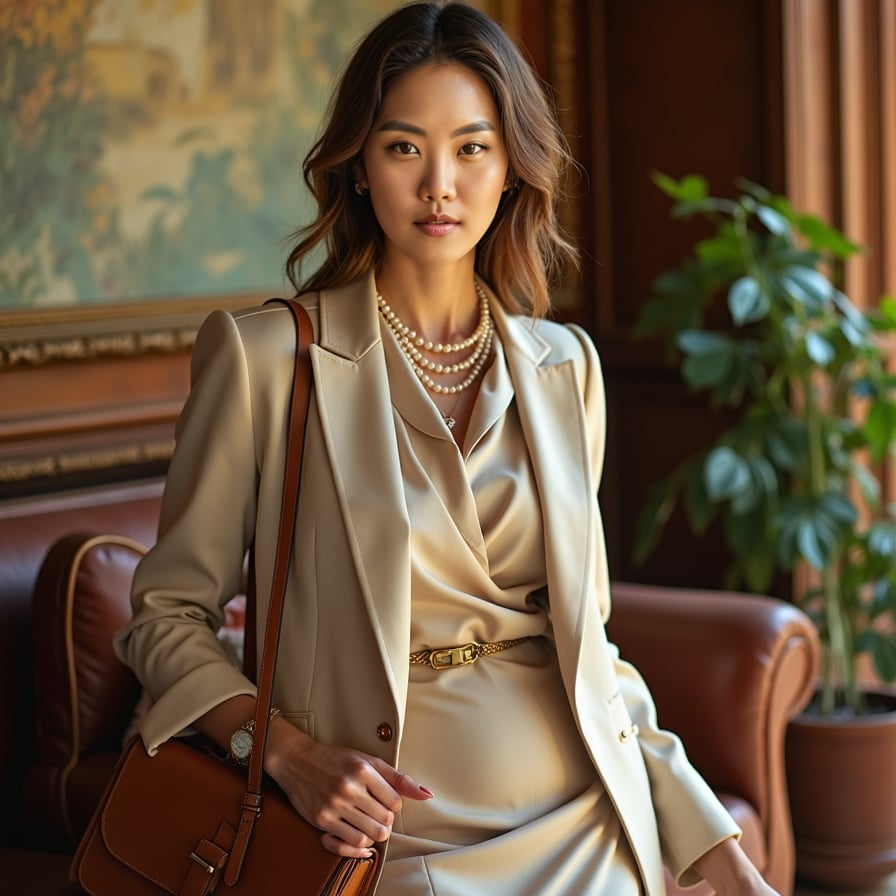 woman with an elegant and aspirational presence. She is styled in classic, neutral-toned attire with subtle jewelry. The backdrop is a softly blurred scene of an exclusive garden or a sunlit mansion interior. Her expression is serene yet inviting, perfect for an aristocratic social media persona