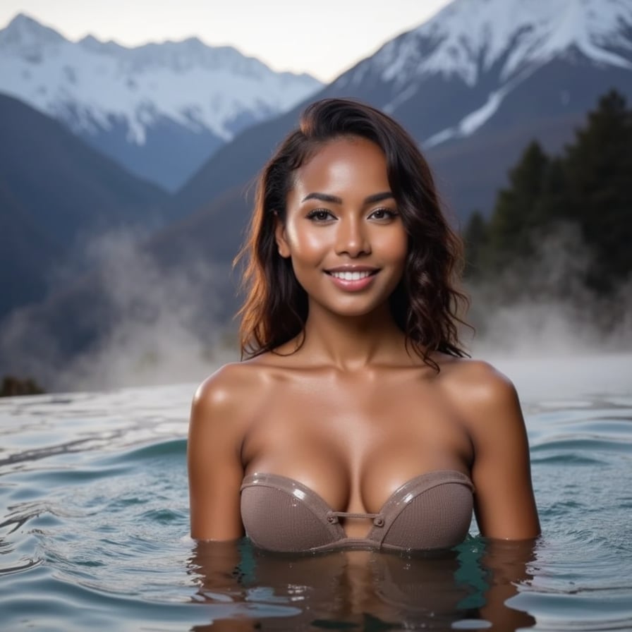 A woman in a thermal bikini soaking in a natural hot spring high in the Himalayas, snow-capped peaks in the distance, steam rising around her.