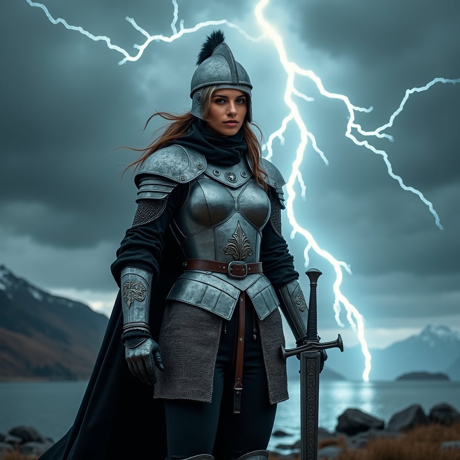 woman in medieval armor, silver-chainmail and leather, wielding a double-edged sword with a fierce grip, standing in a powerful contrapposto stance, her helmet adorned with a crest, against a dark, ominous stormy sky with intense lightning and thunderclouds, lit by a dramatic flash of lightning.
