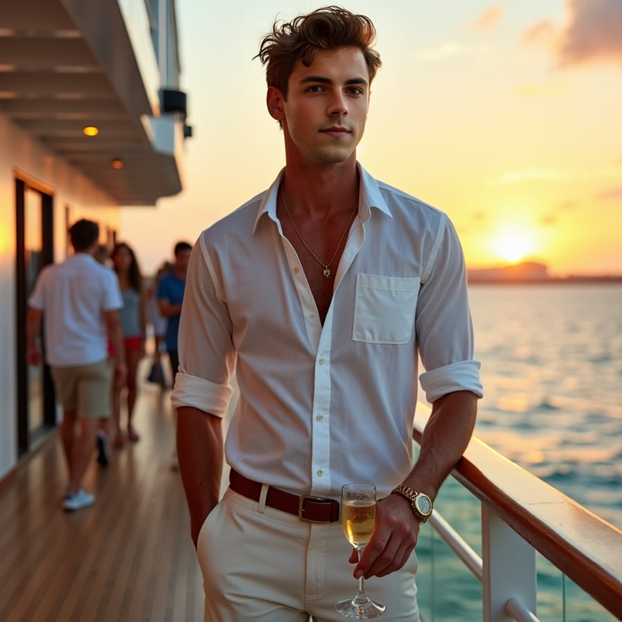 Exploring Ports: The model is dressed in a stylish yet practical outfit for exploring port destinations. he’s seen walking along the quay, interacting with locals, or shopping at a portside market, capturing the adventurous and chic side of cruise travel.