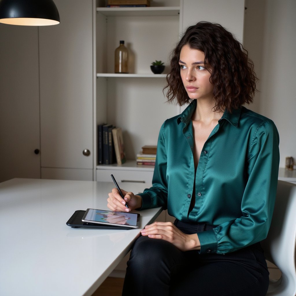 Highly realistic HDR portrait of a woman creative designer seated at a minimalist desk; flowy emerald blouse with satin texture, tailored black trousers; curly hair styled in loose volume. Camera: 35mm lens, f/2.8, ISO 200, three-quarter waist-up shot at slight angle. Lighting: key from pendant light above desk, soft daylight bounce from window; faint rim highlights along hair edges. Pose: sketching on tablet with stylus in right hand, thoughtful gaze toward screen. Background: blurred shelves with clean decor, soft gradient wall, minimal clutter.