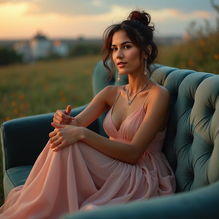 Pose: Sitting on a plush, velvet couch, with her legs curled up and her arms wrapped around her knees, as if lost in a daydream.
Expression: Playful, with a hint of mischief and a soft, dreamy gaze.
Clothing: A flowing, pastel-colored dress with a loose, flowing design, evoking the feeling of a sweet, innocent child.
Accessories: A pair of dangling earrings with small, sparkling stones, a delicate silver necklace, and a messy, undone hairstyle.
Background: A soft, whimsical background with a subtle gradient, evoking the feeling of a sunny, idyllic meadow.