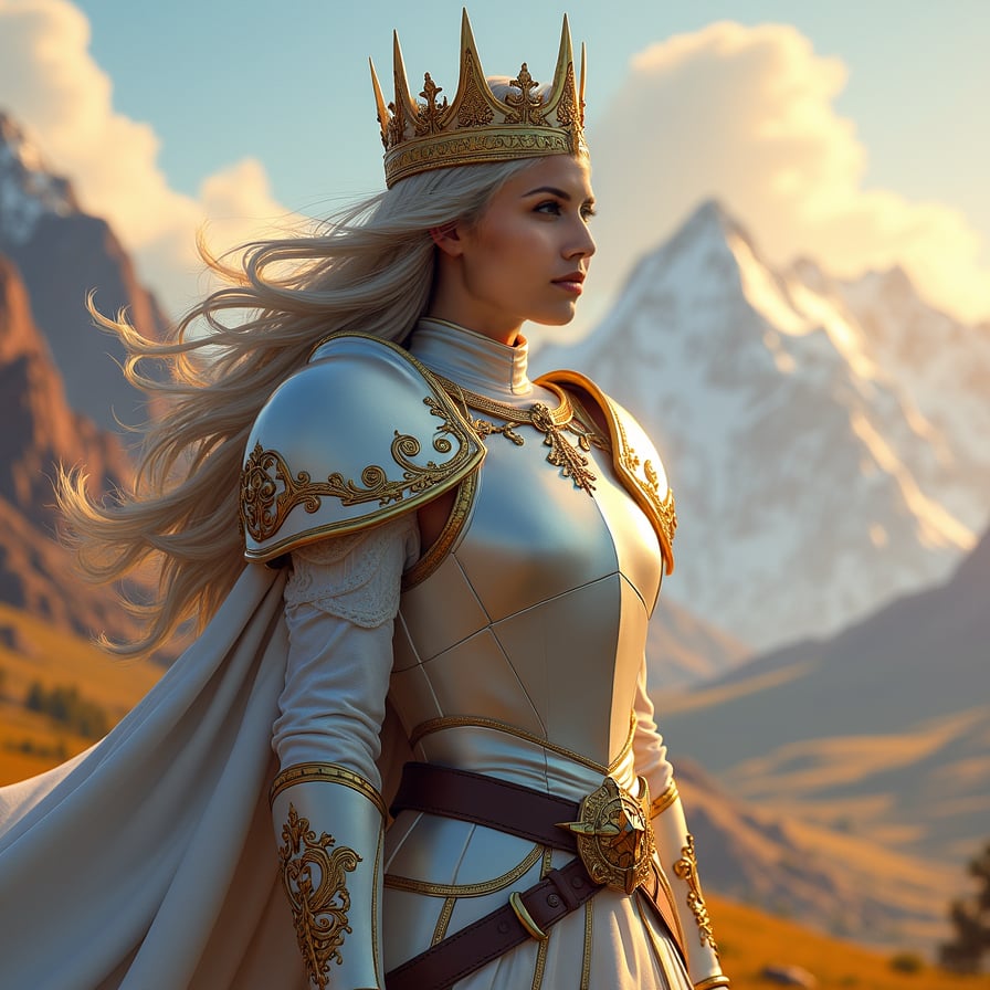 Female paladin, white armor, detailed, magical backdrop.